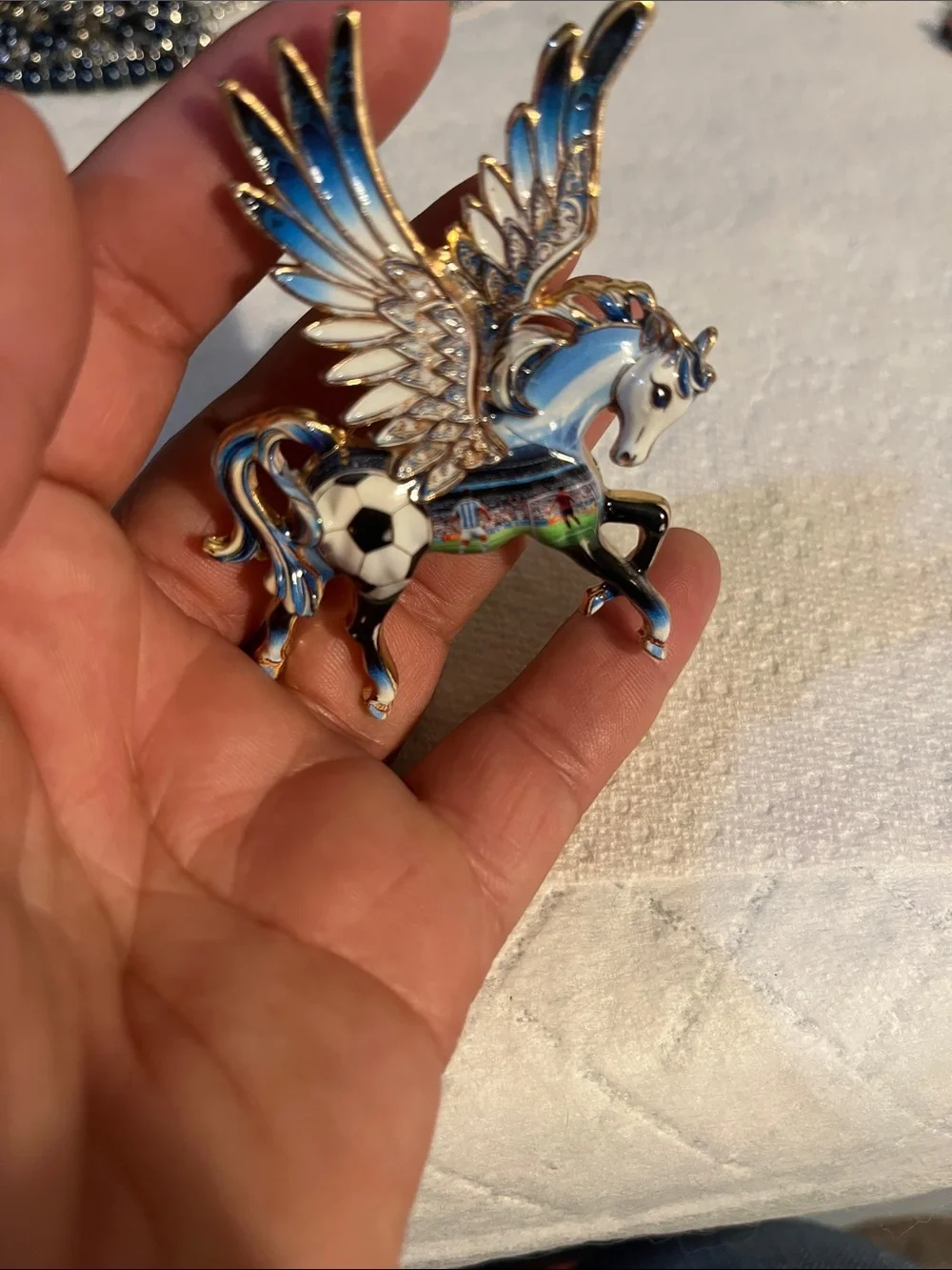 Blue & White Pegasus Bird Pin Brooch with Soccer Design
